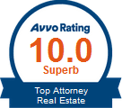 A badge that says avvo rating 1 0. 0 superb for top attorney real estate